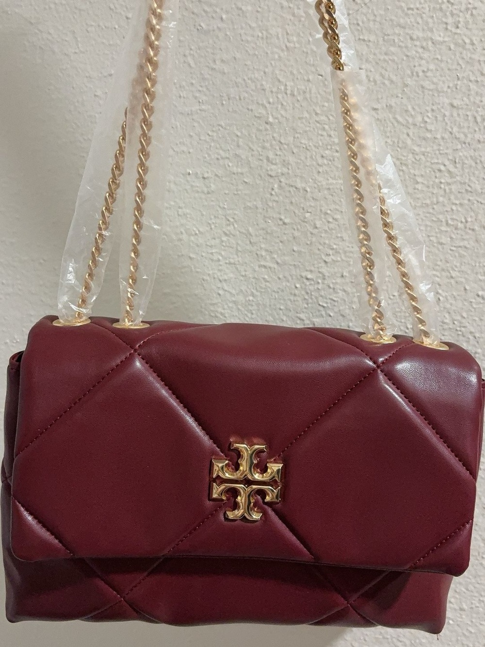 Tory Burch Quilted Shoulder Bag in Burgundy with Gold Chain